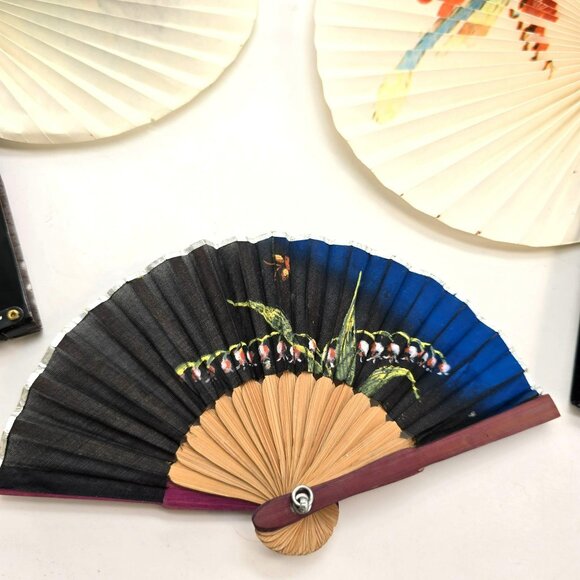 Vintage Asian Paper & Bamboo Hand Fans Set With Bird & Floral Designs je186 - Picture 11 of 12